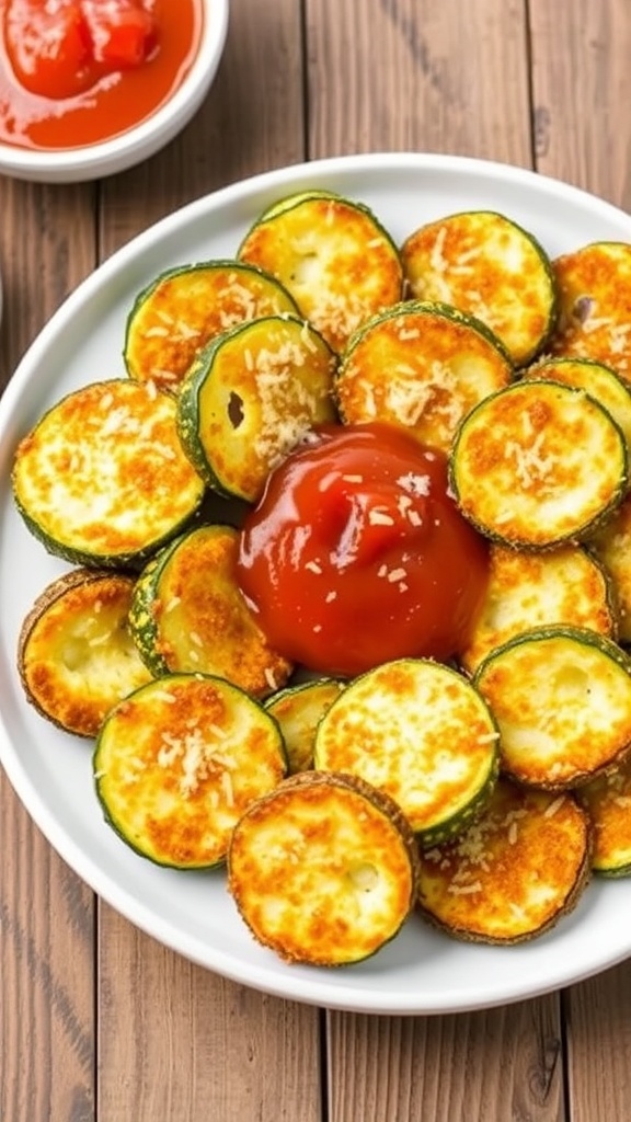 Crispy air fryer zucchini rounds garnished with Parmesan cheese on a rustic plate with marinara sauce.
